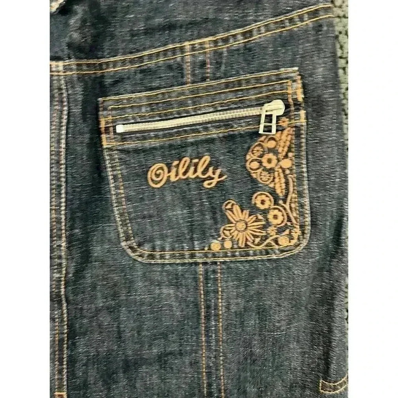 Oilily Blue Denim Skirt 34 Floral Embroidered Center Buttons Women's - Picture 5 of 13